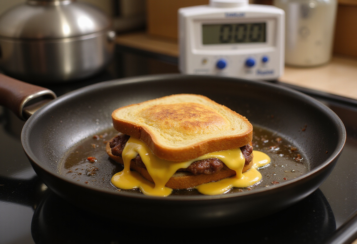 Cooking a delicious sandwich chaud in a frying pan to achieve a perfect sandwich mixte.