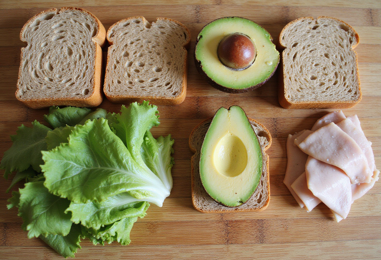 Ingrédients frais pour la recette de sandwichs de Supermodèle sur une planche à découper.