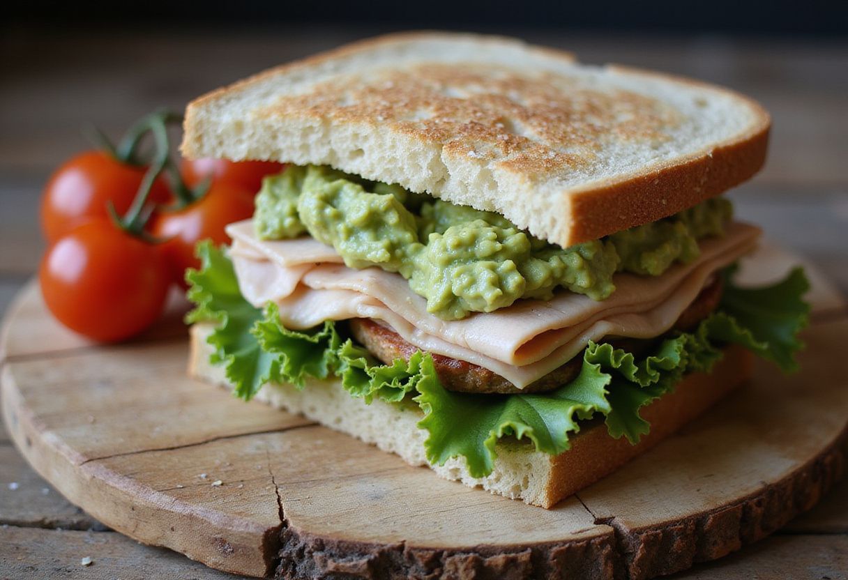 Sandwich de Supermodèle sain avec avocat, dinde et laitue prêt à être dégusté.