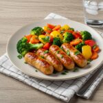 Finished air-fried chicken sausages and vegetables, ideal for an easy dinner solution.