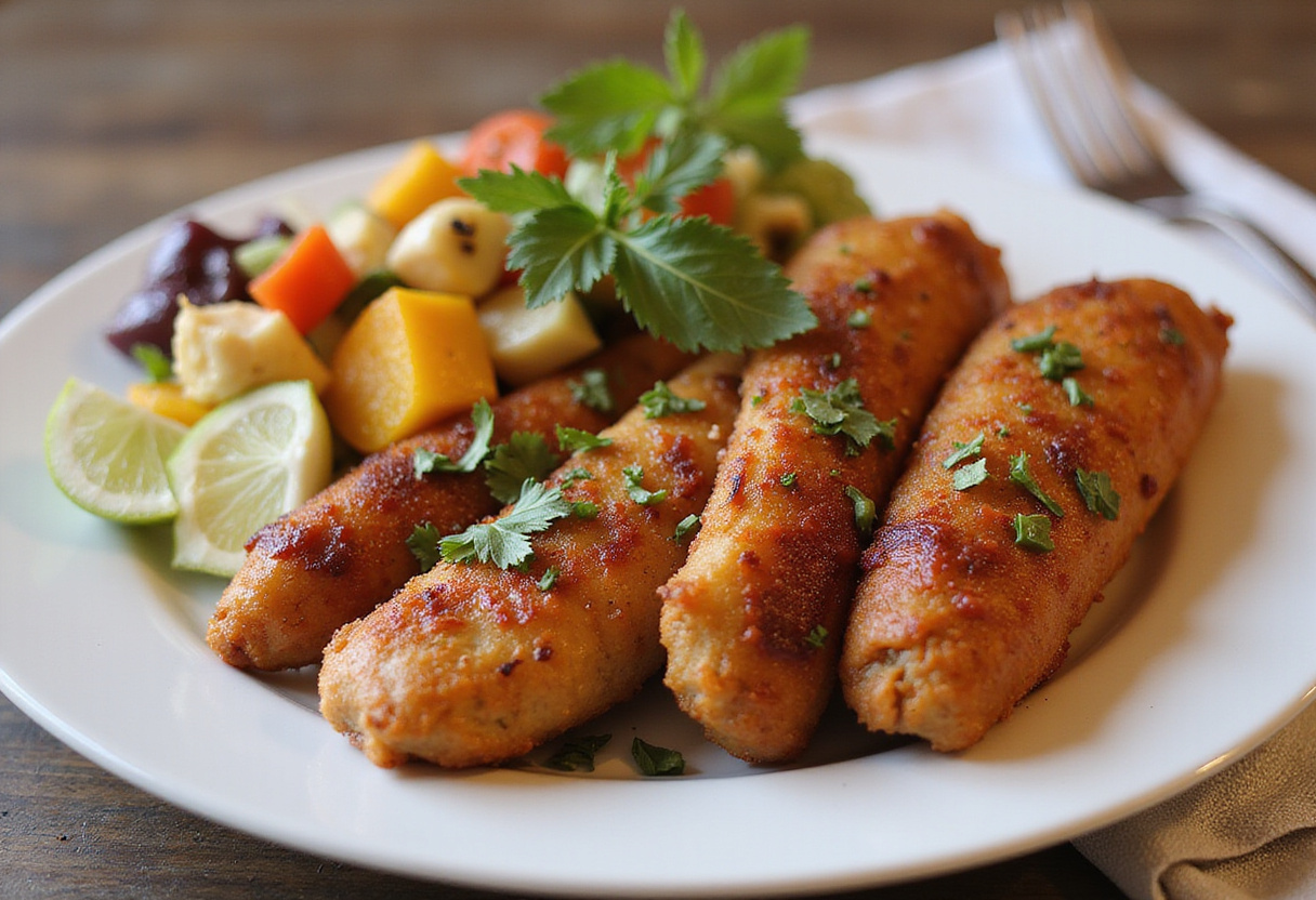 Finished air-fried chicken sausages and vegetables, ideal for an easy dinner solution.