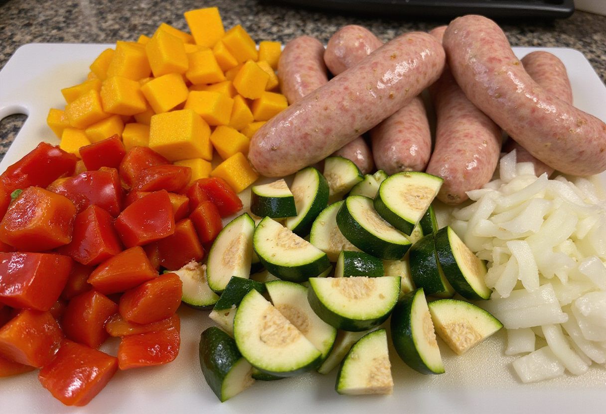 Chopped vegetables and chicken sausages for recette de saucisses de poulet à la friteuse à air.