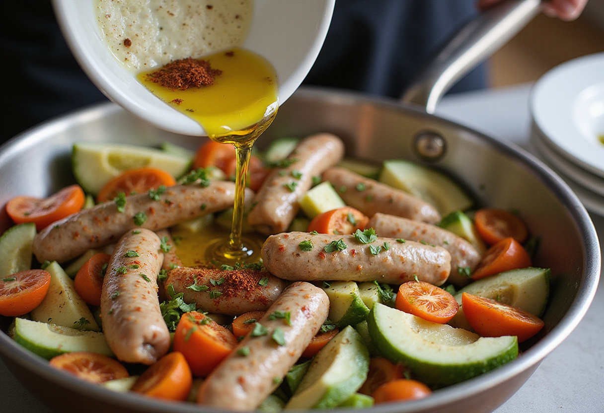 Olive oil and spices being mixed with chicken sausages and vegetables for a rapide cuisine.