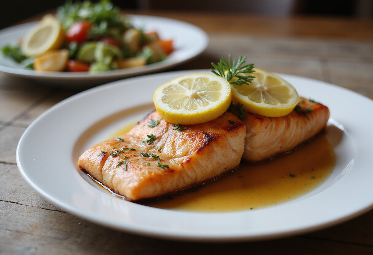 Saumon parfaitement cuit au four avec citron et aneth, prêt à déguster dans la recette de saumon au four.