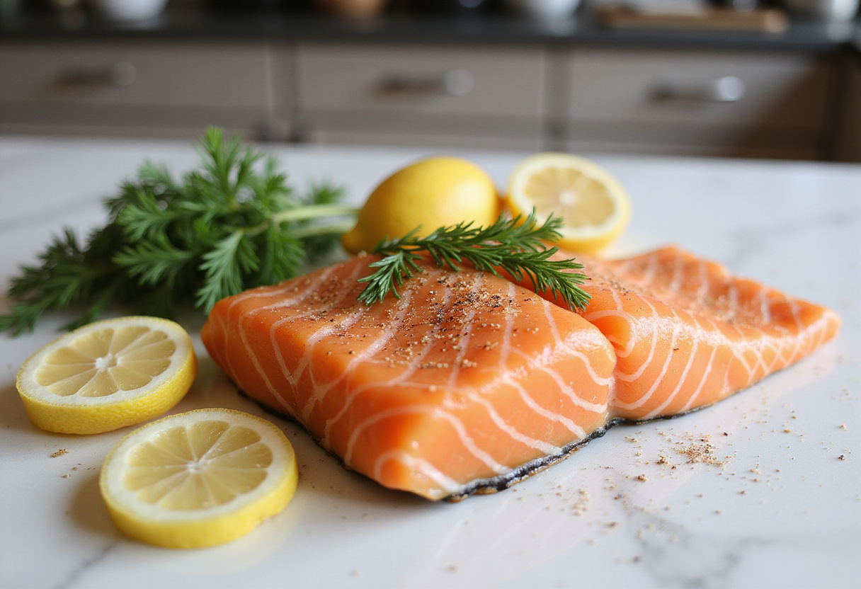 Filet de saumon frais avec citron et aneth préparé pour la recette de saumon au four.