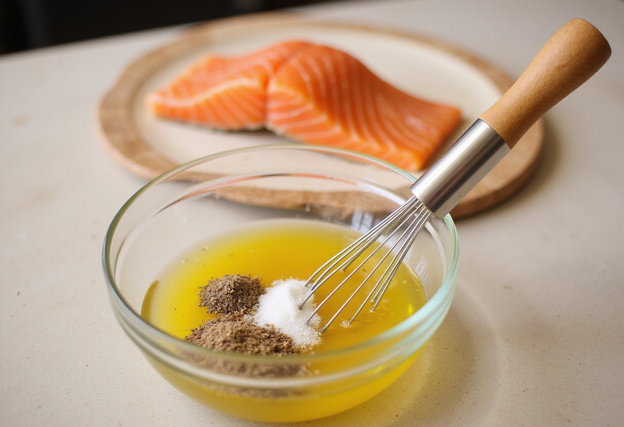 Mélange d'huile d'olive, sel et poivre pour assaisonner le saumon cuit au four.