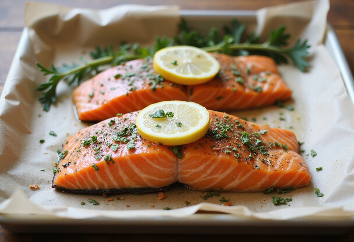 Saumon assaisonné sur une plaque de cuisson, prêt à être cuit au four dans la recette de saumon au citron.