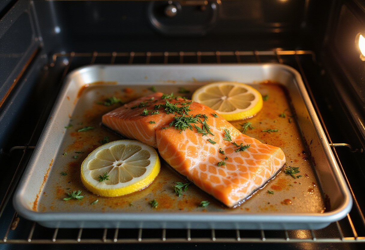 Plaque de cuisson avec saumon, citron et aneth placée dans le four pour une cuisson parfaite.