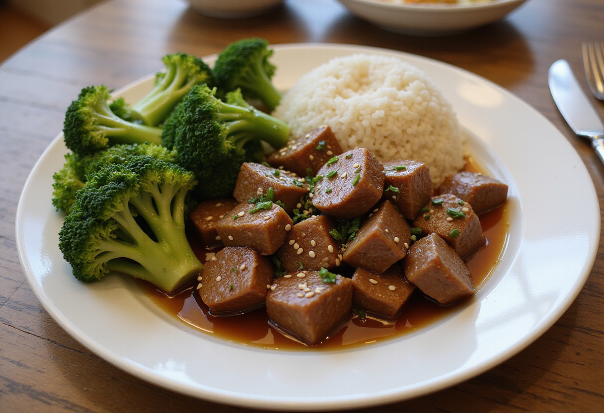 Delicious sauté de bœuf haché au miel et à l'ail, served with rice and broccoli.