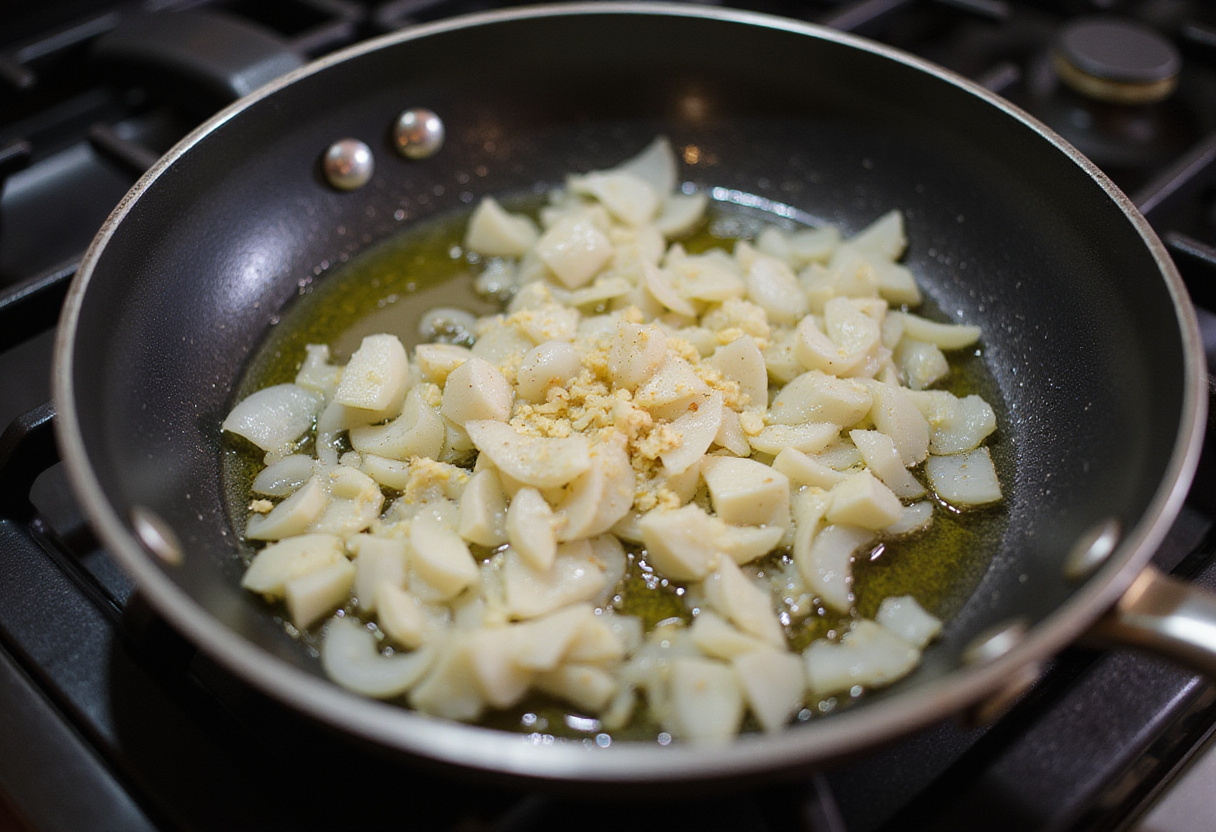 Diced onions and minced garlic sizzling in a skillet for sauté de bœuf haché au miel.