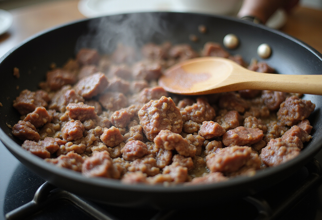 Ground beef cooking in a skillet for recette de bœuf au miel et ail.