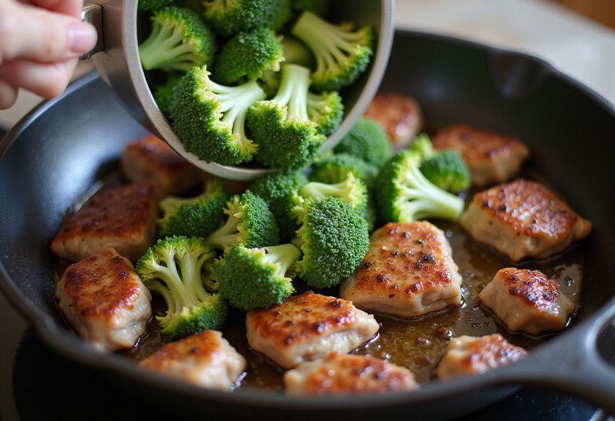 Broccoli florets being added to sautéed ground beef for bœuf et brocoli.
