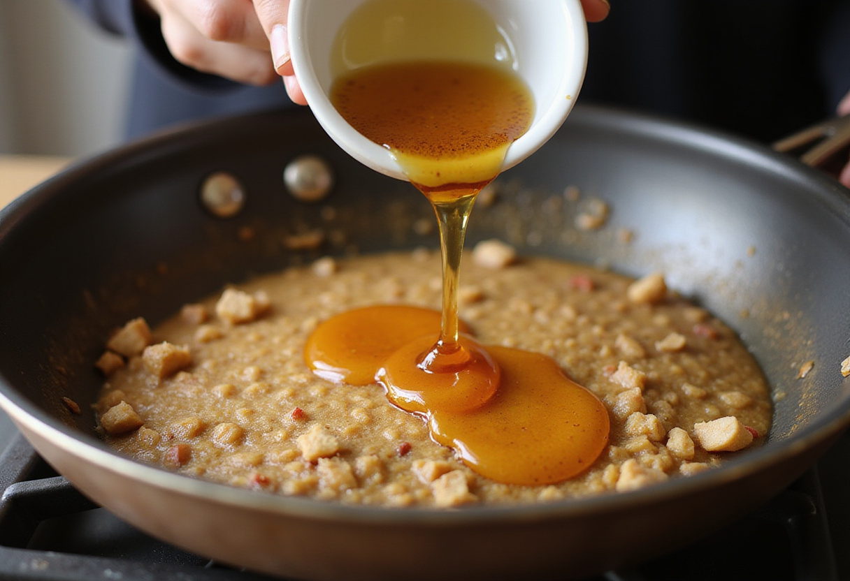 Honey being drizzled over sauté de bœuf haché with broccoli.