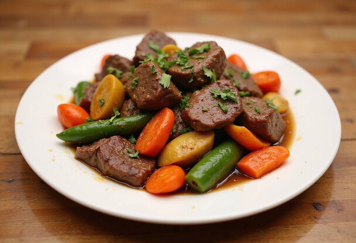 Sauté de boeuf méditerranéen prêt à être dégusté, une recette saine et savoureuse.