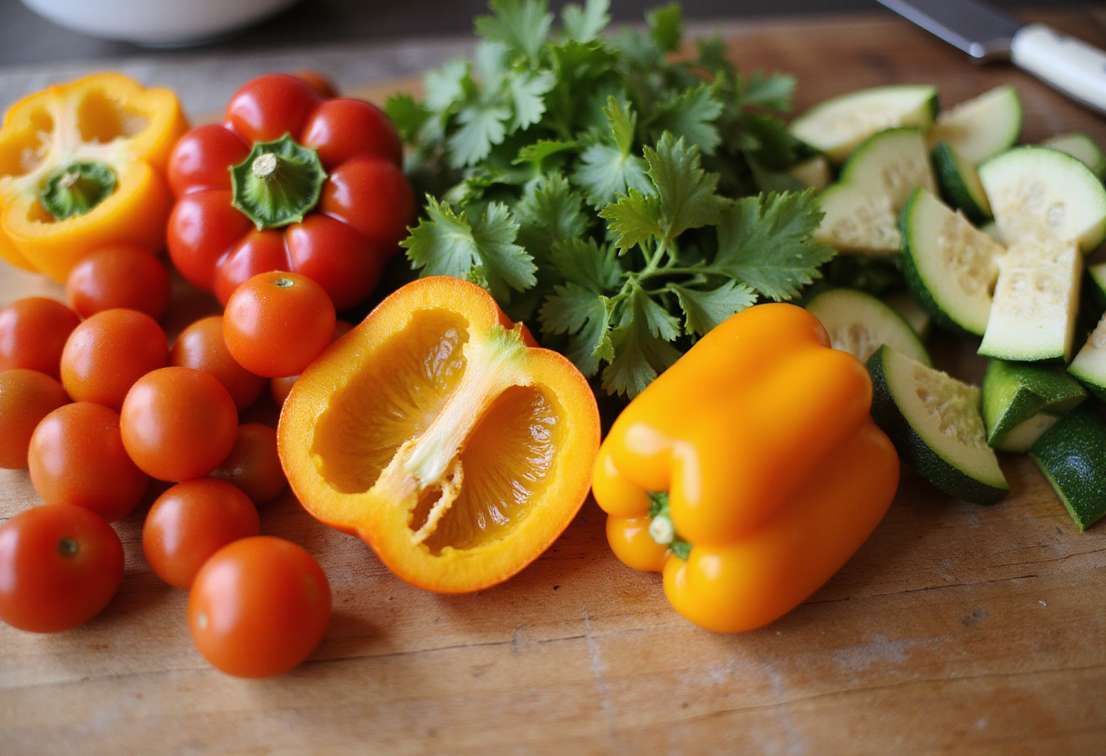 Préparation des légumes frais pour le sauté de boeuf méditerranéen.