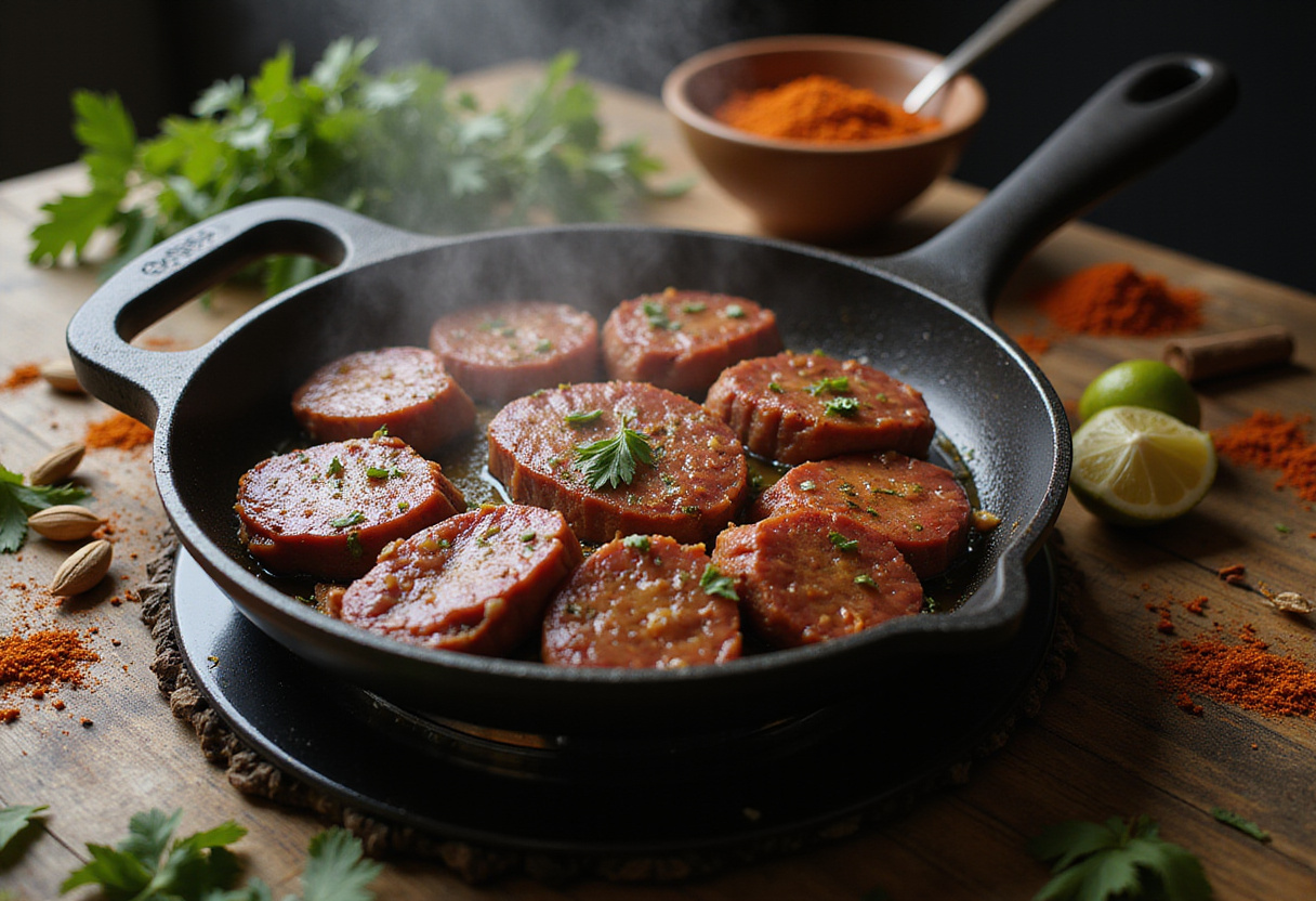 Viande de boeuf tranchée en train de cuire dans une poêle pour la recette de boeuf méditerranéen.