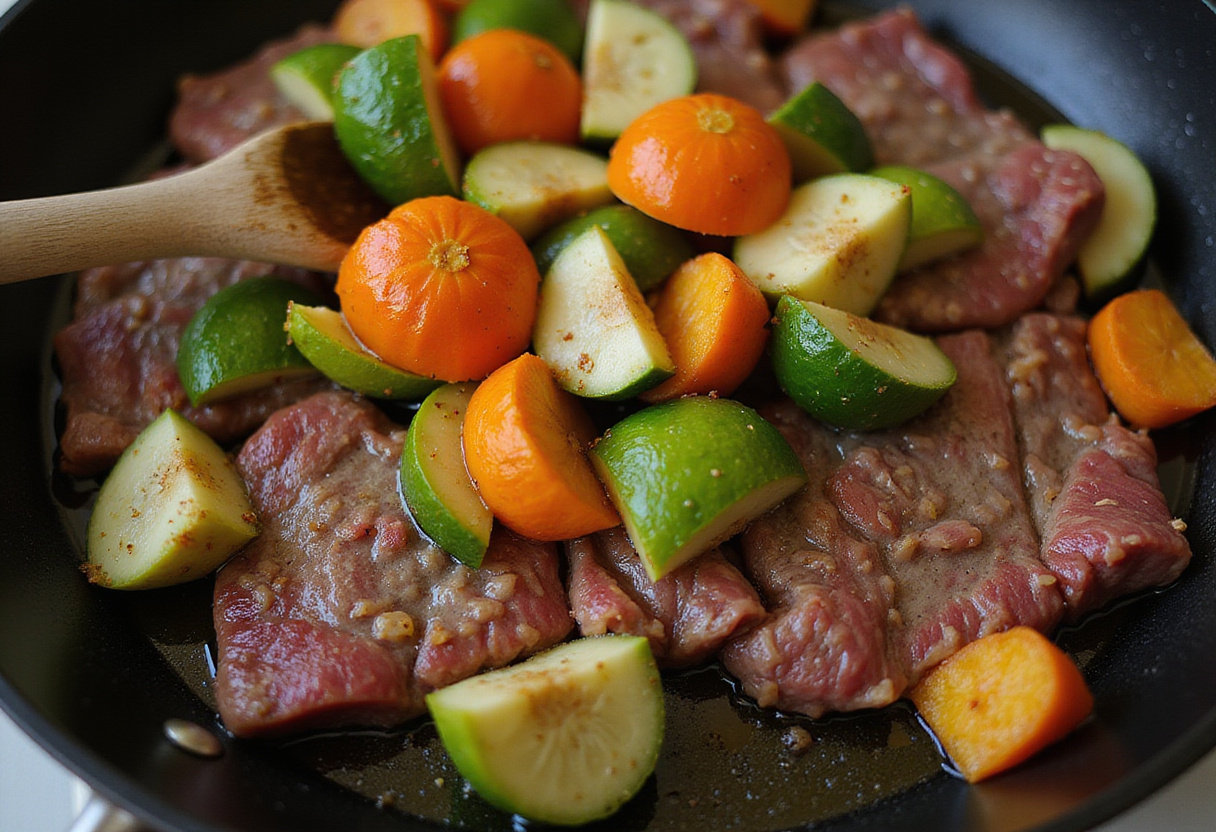 L'ajout de légumes au sauté de boeuf méditerranéen dans la poêle.