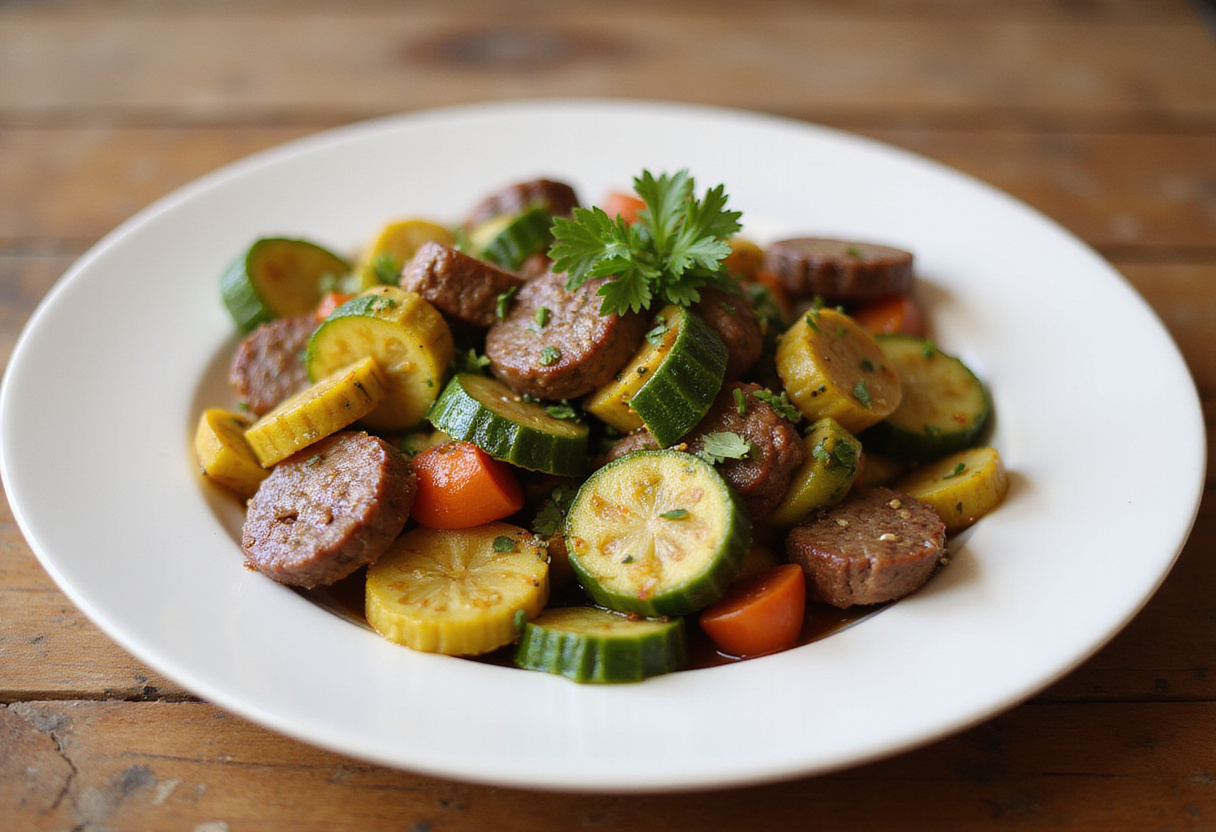 Finished sauté de courgettes et bœuf served with colorful vegetables, perfect for a quick dinner.