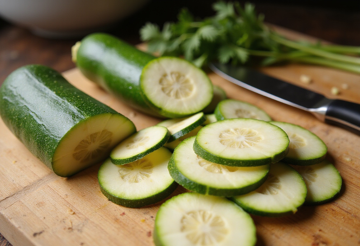 Fresh zucchini being sliced for sauté de courgettes et bœuf recipe.