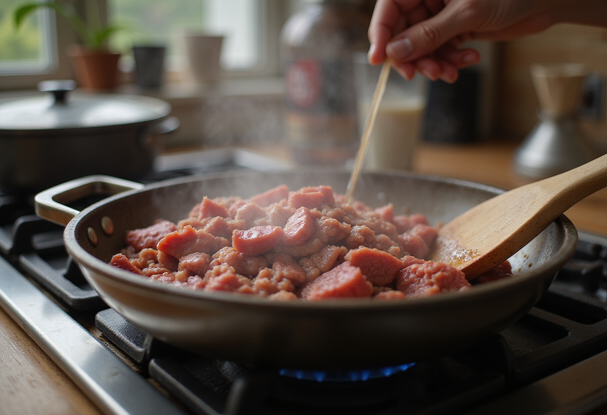 Cooking minced beef for sauté de courgettes et bœuf in a skillet.