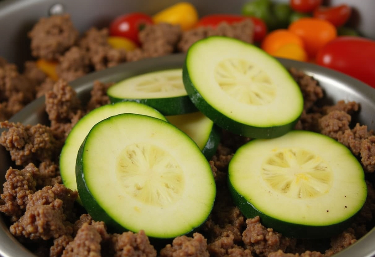 Adding sliced zucchini to the beef mixture for quick sauté de courgettes et bœuf.