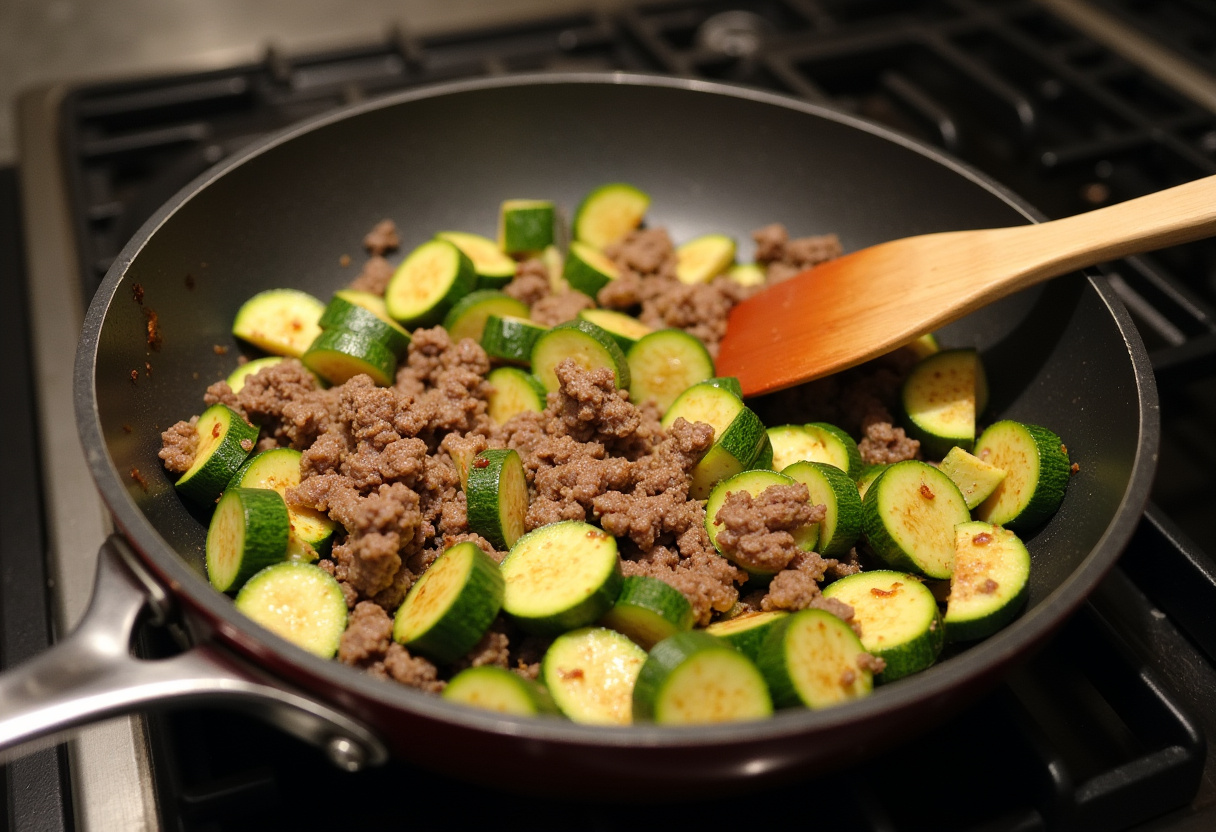 Stir-frying sauté de courgettes et bœuf with colorful vegetables in a pan.