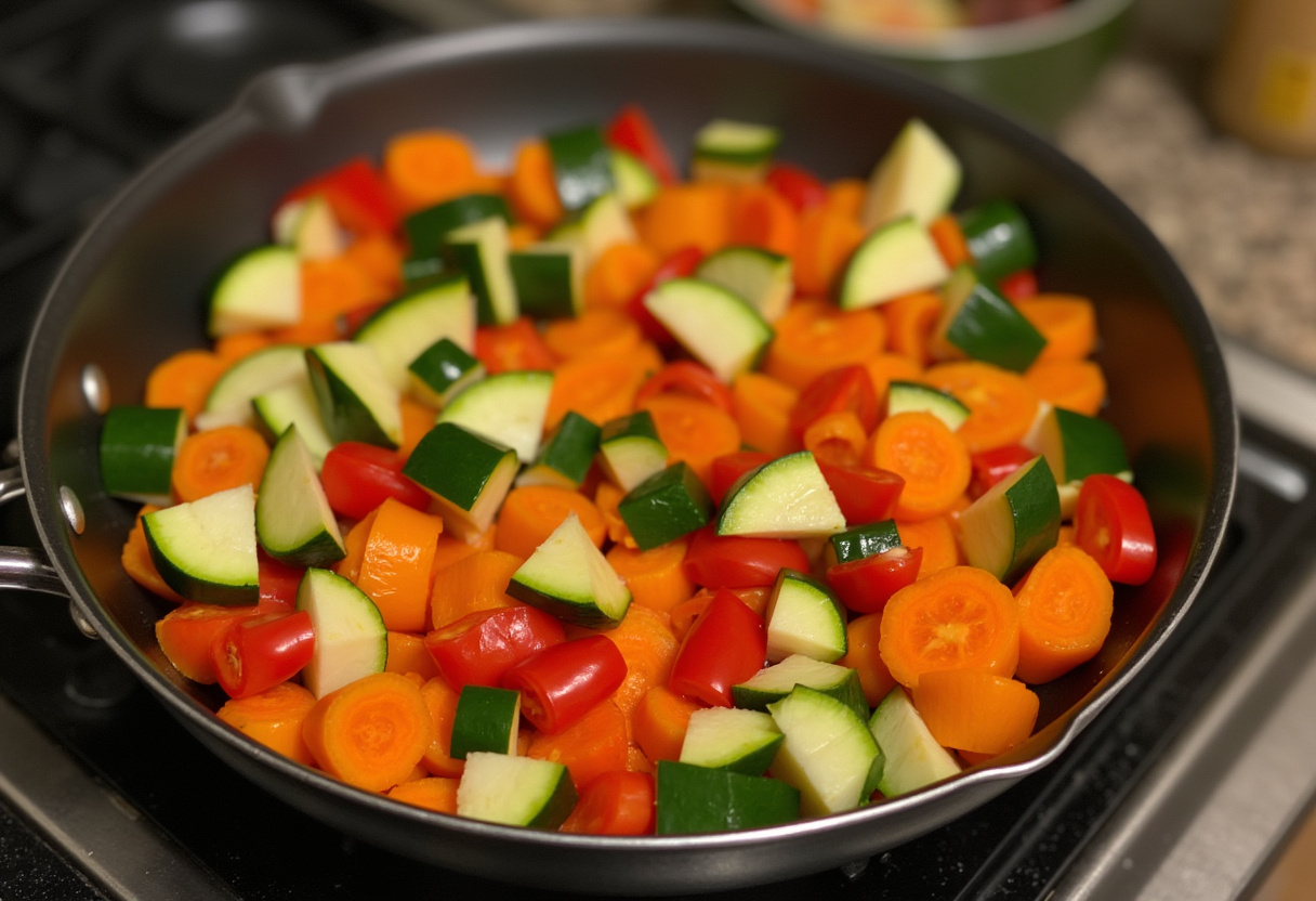 Légumes coupés préparés pour la recette de sauté de poulet avec des couleurs éclatantes pour le poulet aux légumes.