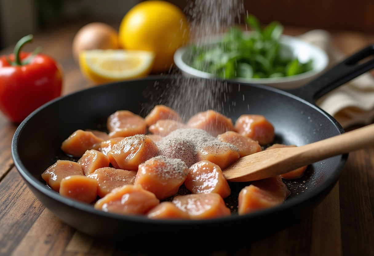 Morceaux de poulet assaisonnés dans une poêle à frire pour faire un plat de sauté de poulet aux légumes.
