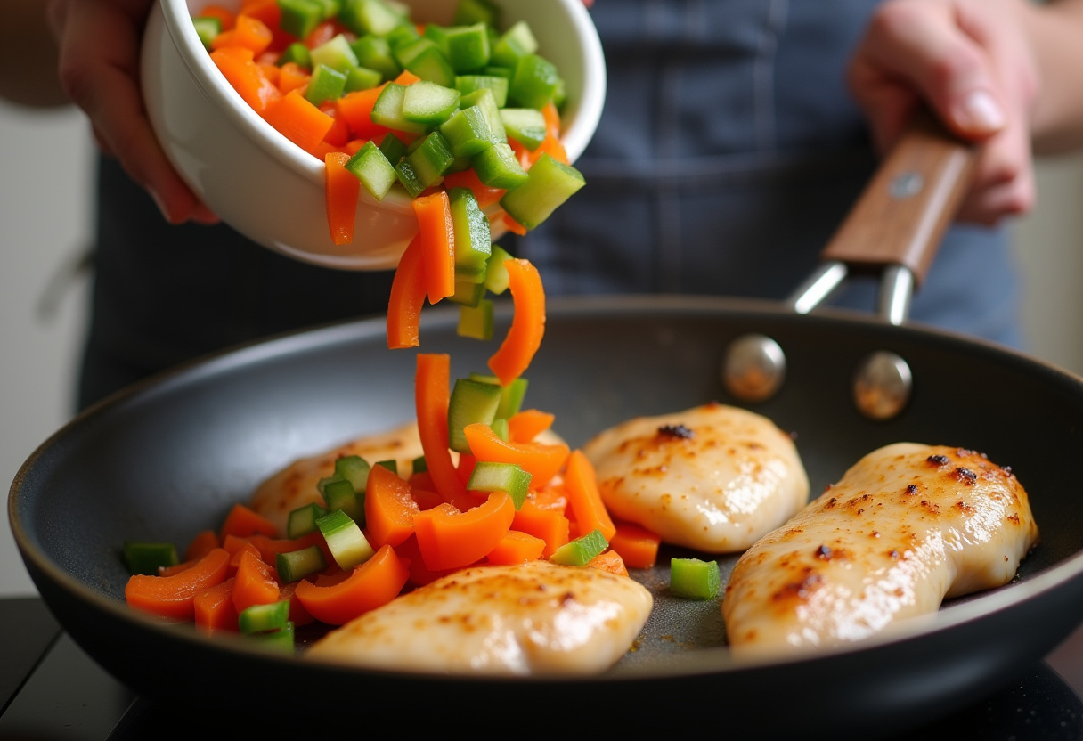 Légumes coupés incorporés au sauté de poulet pour un délicieux plat de poulet et de légumes.