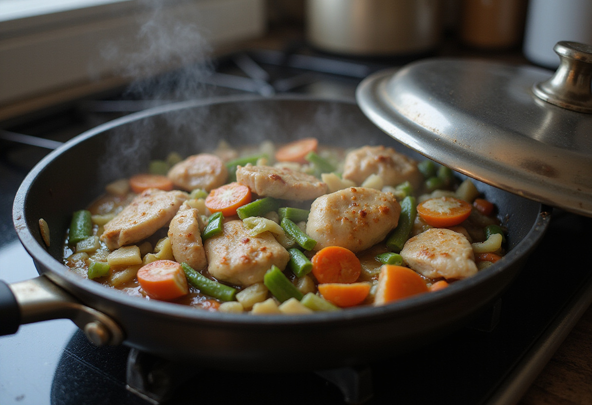 Cuisson du sauté de poulet aux légumes dans une casserole couverte, prêt à être mis en assiette.