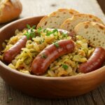 Sauté de saucisse et chou prêt à servir, un plat réconfortant pour les dîners en famille.