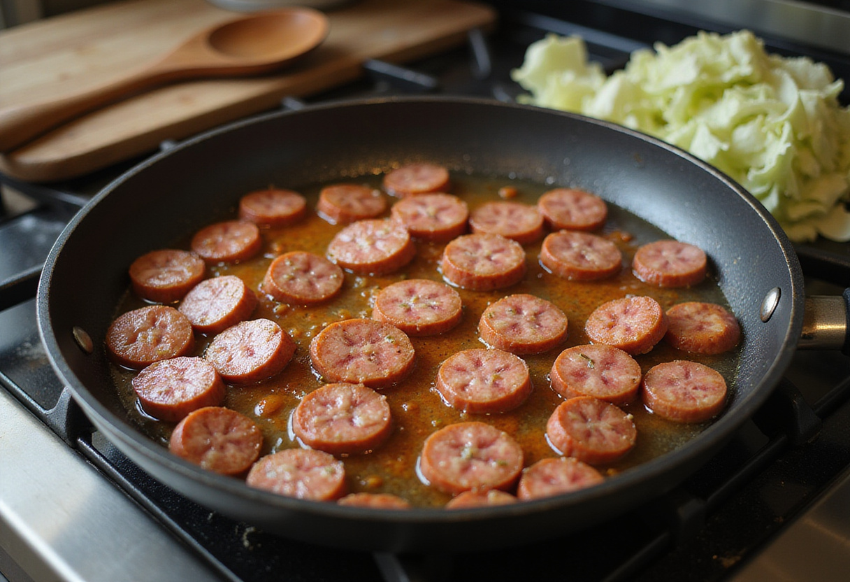 Préparation du sauté de saucisse avec des tranches de saucisse prêtes à être ajoutées à la poêle.