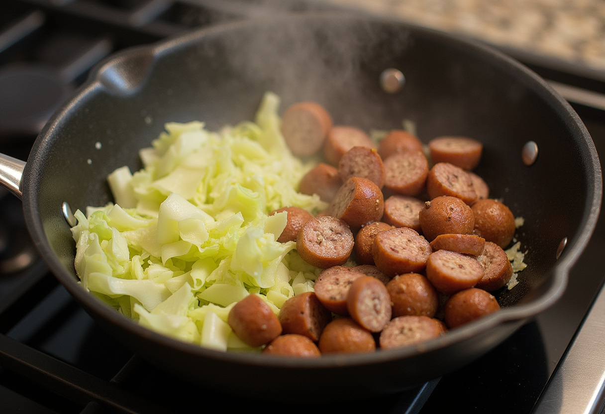 Chou haché en train d'être sauté avec des saucisses pour un plat facile et savoureux.