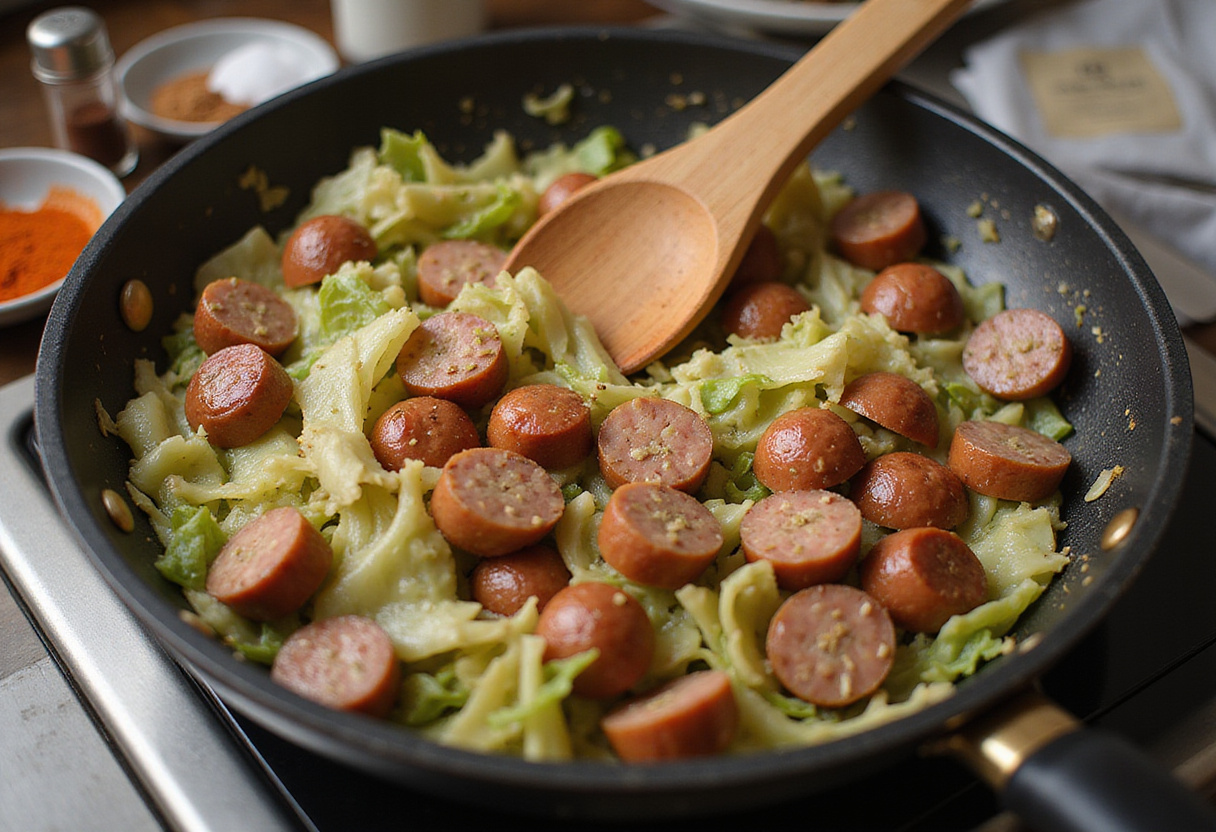 Mélanger le sauté de saucisse et chou dans la poêle pour un plat délicieux de cuisine familiale.