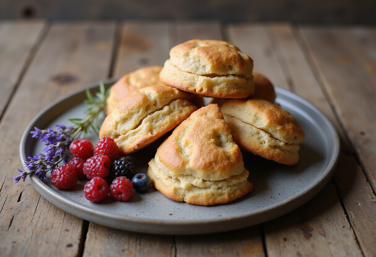 Delicious scones à la mûre served with fresh berries and lavender for dessert.