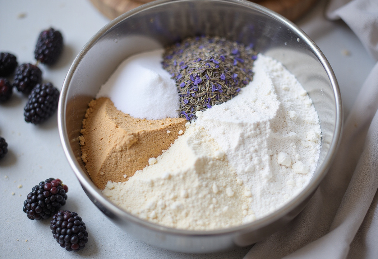 Ingredients for scones à la mûre, including flour, sugar, and lavender.