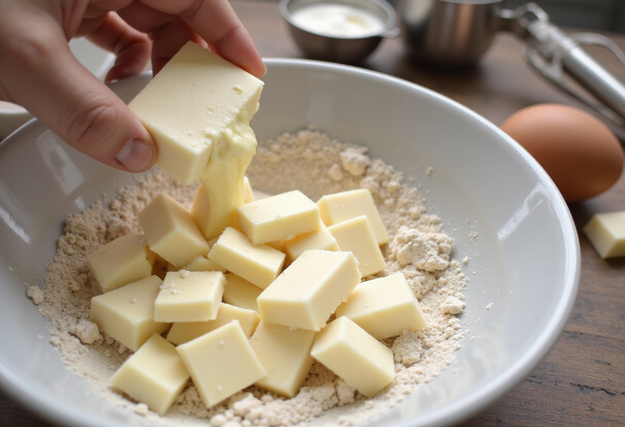 Adding white chocolate to the scones à la mûre mixture.
