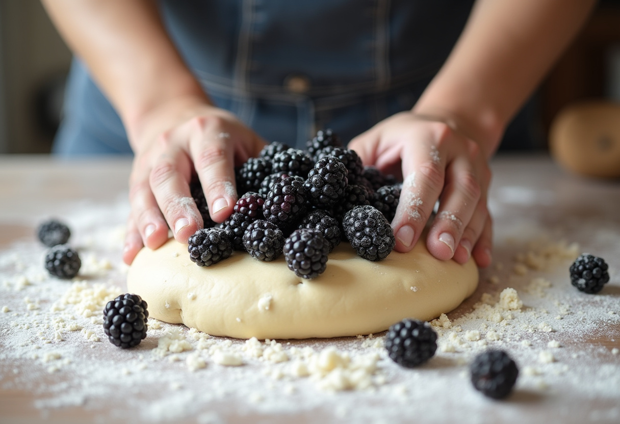 Kneading dough for scones à la mûre with blackberries.