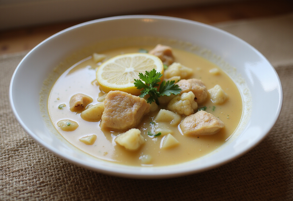 Bol de soupe anti-inflammatoire de poulet au chou-fleur, prêt à savourer pour un repas sain.