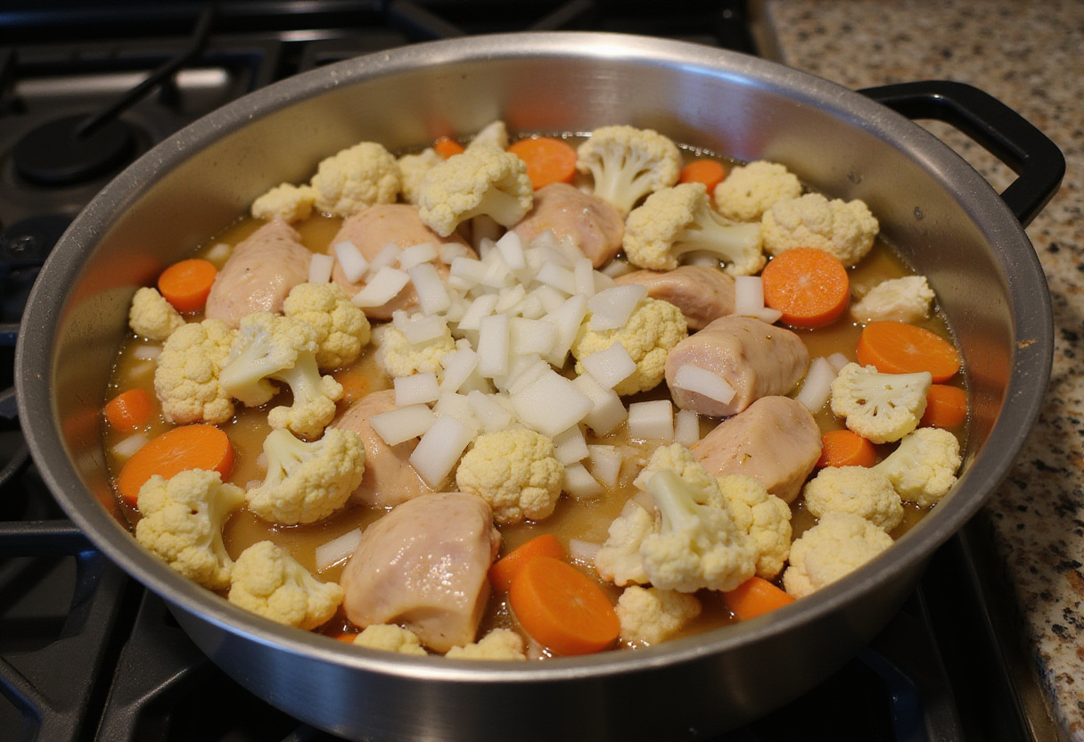 Ingrédients de la soupe anti-inflammatoire de poulet au chou-fleur en train de mijoter.