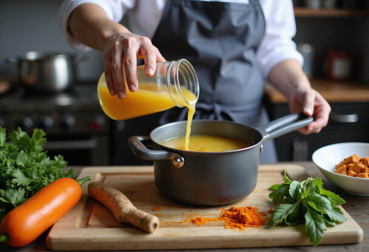 Bouillon de légumes versé dans la soupe anti-inflammatoire de poulet au chou-fleur.