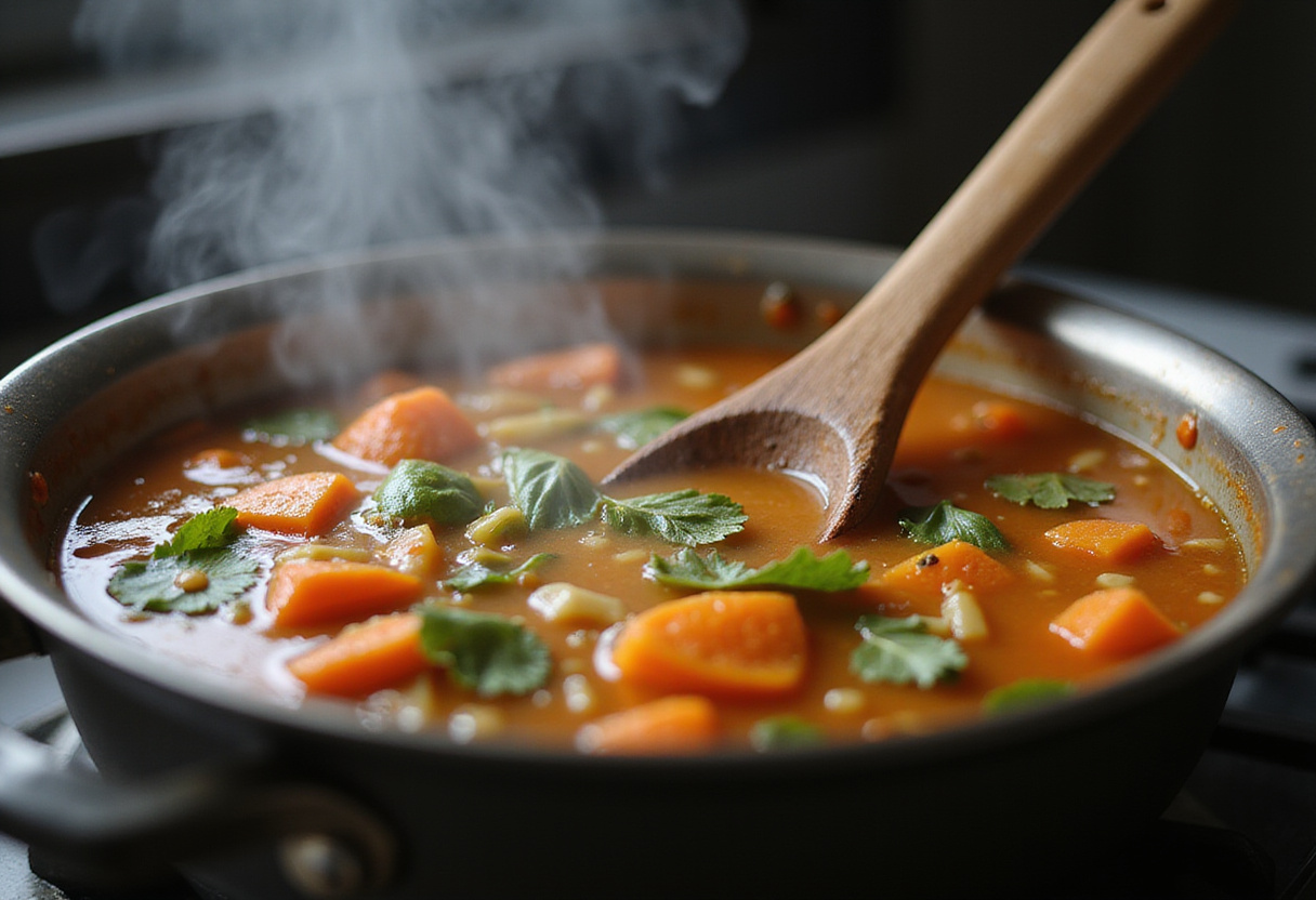 Soupe anti-inflammatoire de poulet au chou-fleur en train d'être remuée dans une casserole.