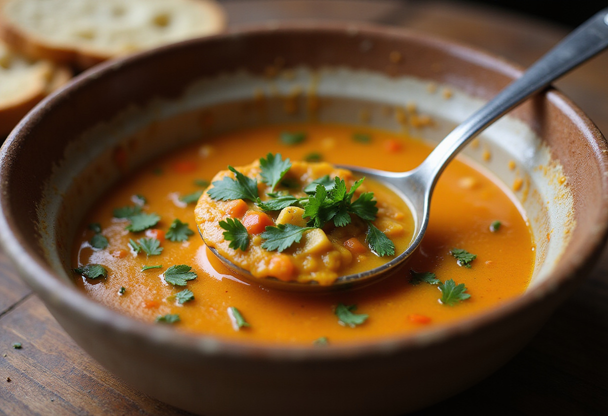 Service de la soupe anti-inflammatoire de poulet au chou-fleur dans un bol accueillant.