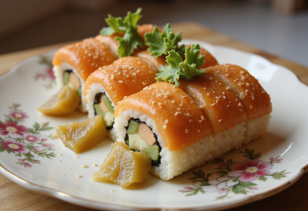 Delicious sushi au four with salmon, served elegantly for a Japanese dining experience.