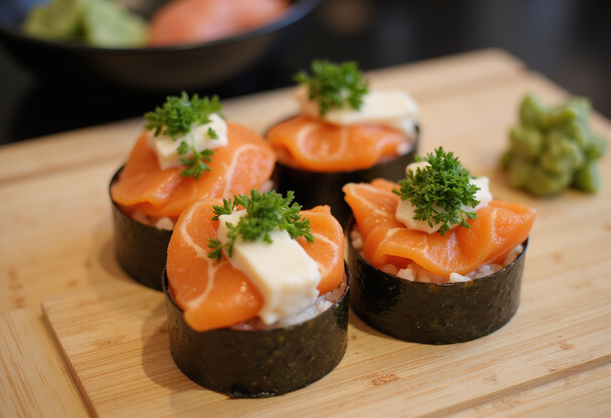 Sushi ingredients like nori, rice, and salmon prepared for sushi au four.