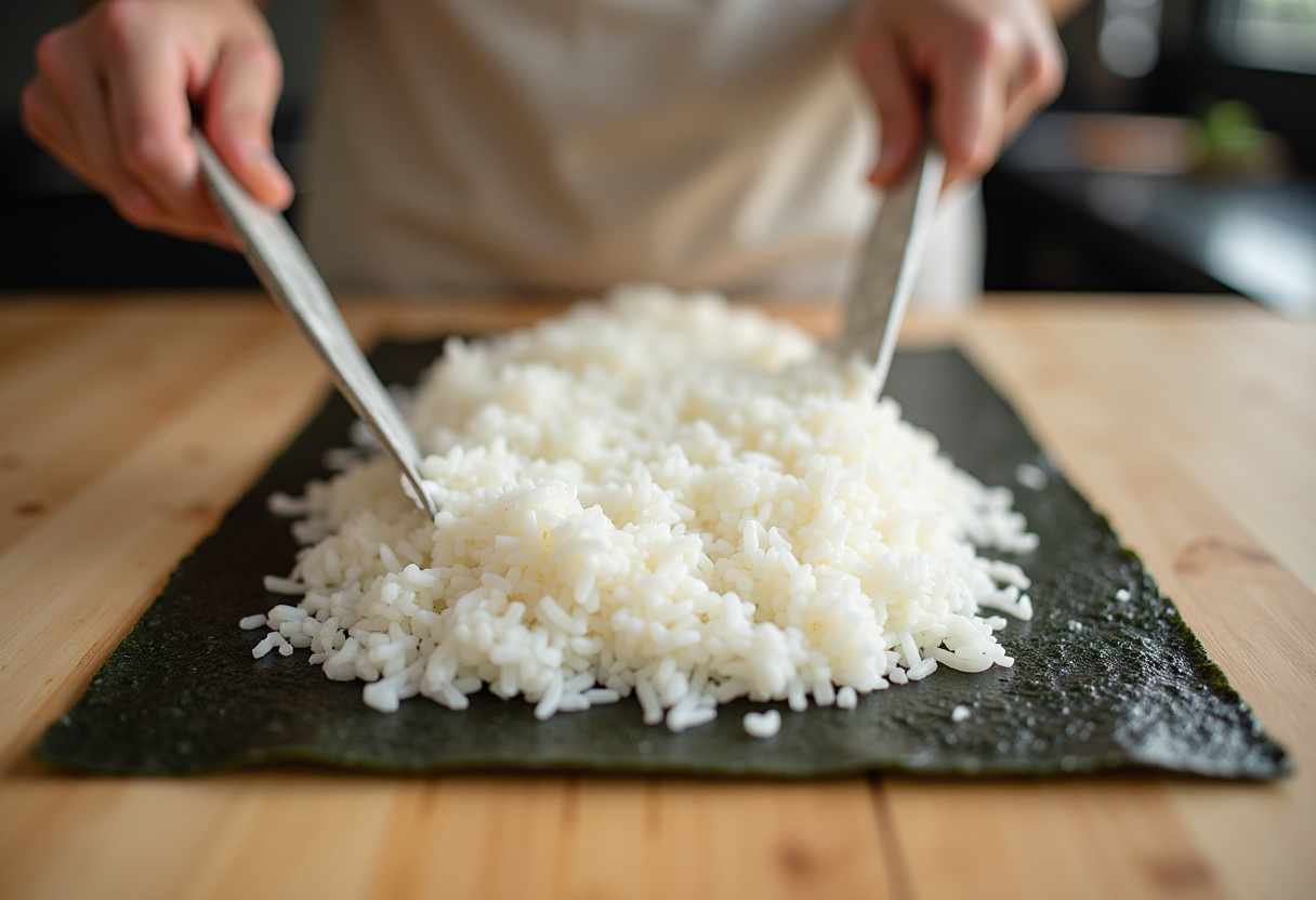 Sushi rice perfectly spread on nori for making sushi au four.