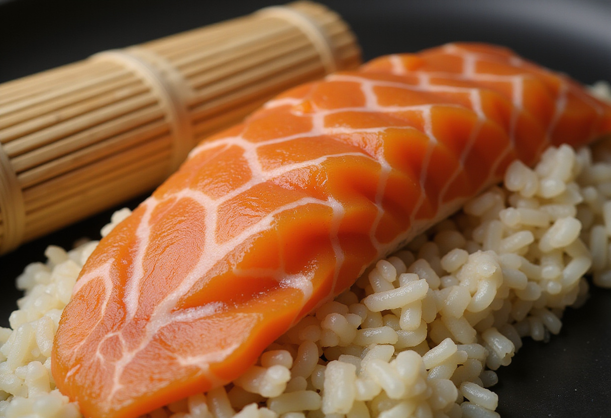 Fresh salmon placed on sushi rice for a delicious sushi au four recipe.