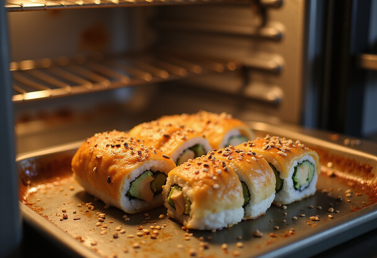 Sushi roll prepared with salmon in a baking dish for sushi au four.