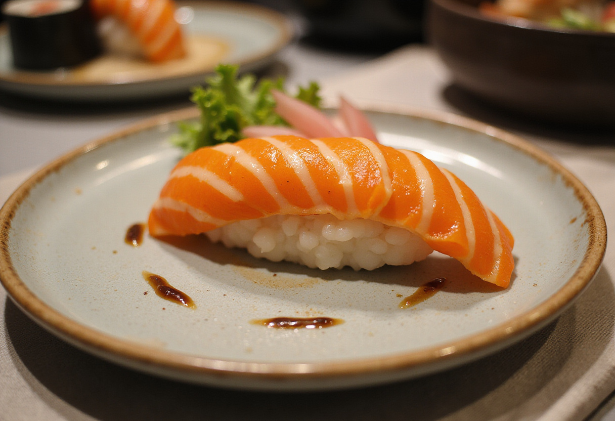 Sushi mosaïque fini, magnifiquement présenté sur une assiette, idéal pour les amateurs de sushi.