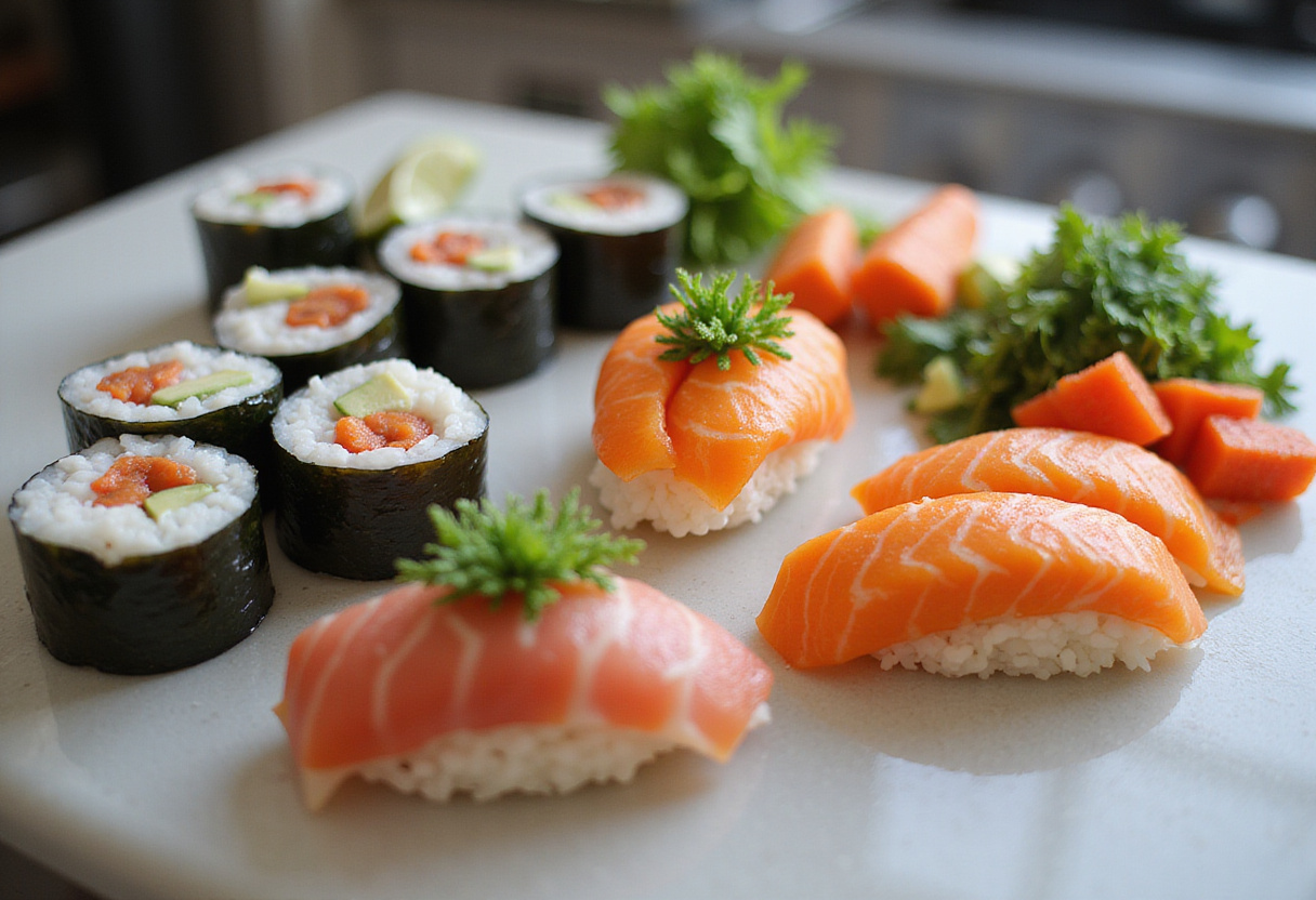 Ingrédients pour sushi mosaïque disposés artistiquement sur un plan de travail de cuisine.